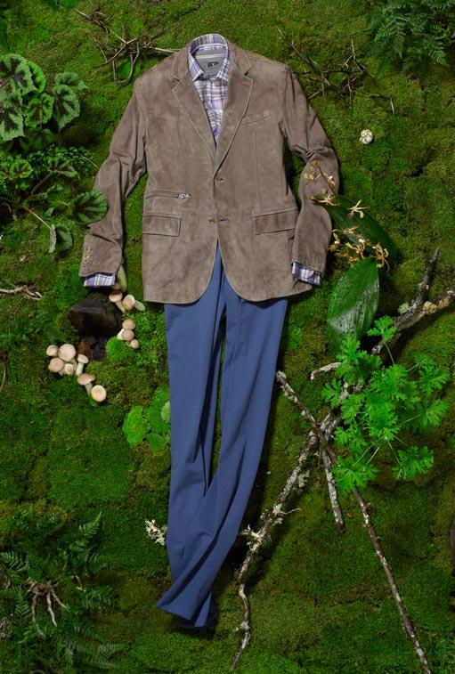 GIMO'S lamb suede lightweight blazer in taupe, $1695. HICKEY FREEMAN soft plaid shirt in lavender, tan, and navy, $145. LEFT COAST TEE short-sleeve crewneck in gray, $65. HILTL Dayne supima cotton washed twill pant in slate blue, $235.
